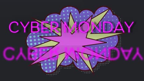 Animation-of-cyber-monday-text-over-retro-speech-bubble-on-dark-background