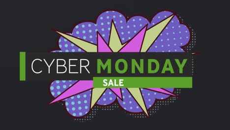Digital-animation-of-cyber-monday-sale-text-banner-over-retro-speech-bubble-against-black-background