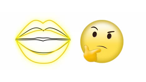 Digital-animation-of-neon-yellow-lips-and-thinking-face-emoji-against-white-background