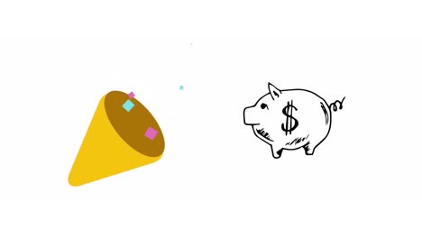 Digital-animation-of-party-popper-icon-and-piggy-bank-icon-against-white-background