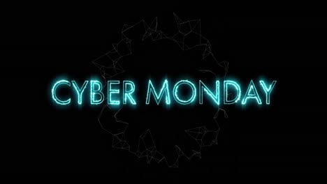 Animation-Des-Cyber-Monday-Textes-über-Einem-Sich-Drehenden-Netzwerk-Von-Verbindungen-Auf-Schwarzem-Hintergrund