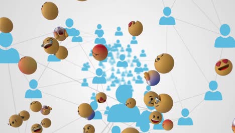 Animation-Von-Emojis,-Die-über-Einem-Netzwerk-Verbundener-Blauer-Personensymbole-Schweben,-Die-Sich-Auf-Weißem-Hintergrund-Bewegen