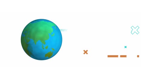 Digitale-Animation-Des-Sich-Drehenden-Globussymbols-Und-Abstrakter,-Farbenfroher-Formen-Vor-Weißem-Hintergrund