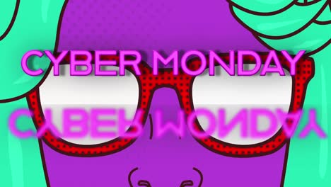 Cyber-monday-text-banner-with-mirror-reflection-effect-against-woman-wearing-sunglasses-icon