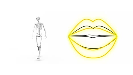 Digitale-Animation-Von-Neongelben-Lippen-Und-Menschlichem-Skelett,-Die-Vor-Weißem-Hintergrund-Laufen