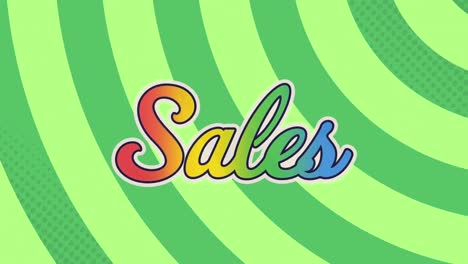 Digitale-Animation-Des-Regenbogeneffekts-über-Verkaufstext-Vor-Grünem-Radialem-Hintergrund