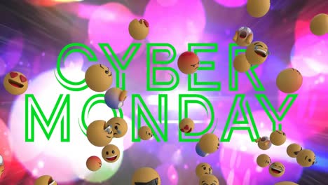 Animation-Des-Cyber-Monday-Mit-Grünem-Text,-Mit-Emojis-über-Sich-Bewegenden-Hellen,-Bunten-Lichtpunkten