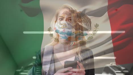 Animation-of-flag-of-mexico-waving-over-woman-in-face-masks