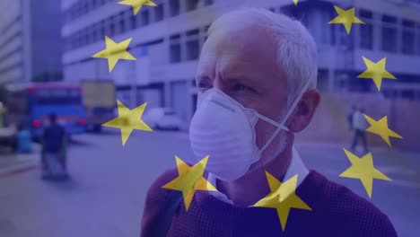 Animation-Der-Flagge-Der-EU,-Die-über-Einem-Mann-Mit-Gesichtsmasken-Weht
