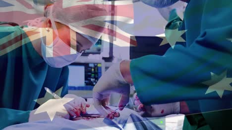 Animation-of-flag-of-australia-waving-over-surgeons-in-face-masks
