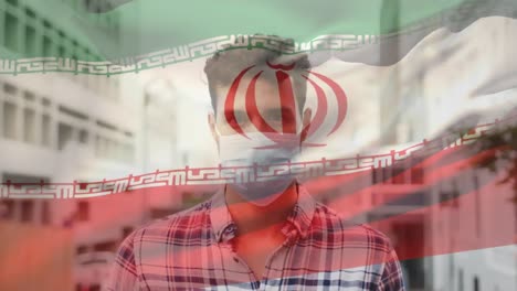 Animación-De-La-Bandera-De-Irán-Ondeando-Sobre-Un-Hombre-Con-Mascarillas.