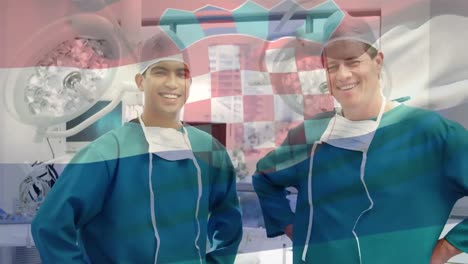 Animation-of-flag-of-croatia-waving-over-surgeons-in-face-masks