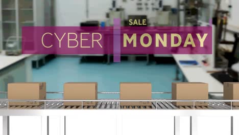 Animation-of-cyber-monday-sale-text-over-cardboard-boxes-on-conveyor-belt