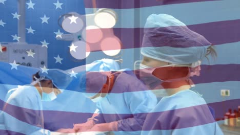 Animation-of-flag-of-usa-waving-over-surgeons-in-face-masks