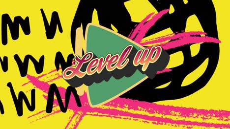 Animation-of-level-up-text-over-colorful-graphics-and-shapes