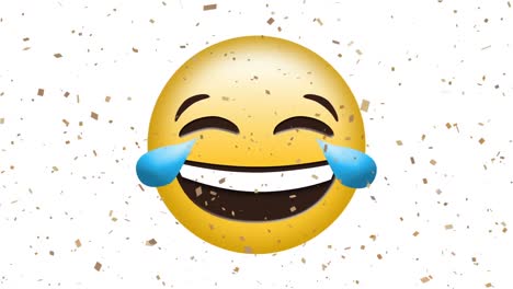 Digital-animation-of-confetti-falling-over-laughing-face-emoji-on-white-background