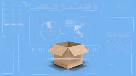 Animation-of-statistics-processing-over-cardboard-box-on-blue-background