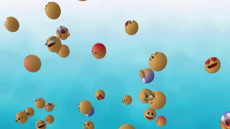 Animation-of-multiple-falling-emojis-on-blue-background