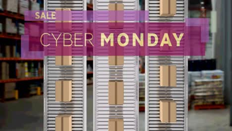 Animation-of-cyber-monday-sale-text-over-cardboard-boxes-on-conveyor-belts