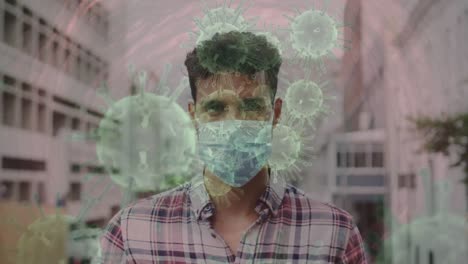 Animation-of-covid-19-cells-moving-over-man-in-face-mask