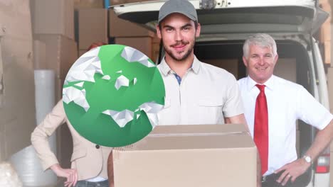 Animation-of-green-globe-over-delivery-man-with-cardboard-box