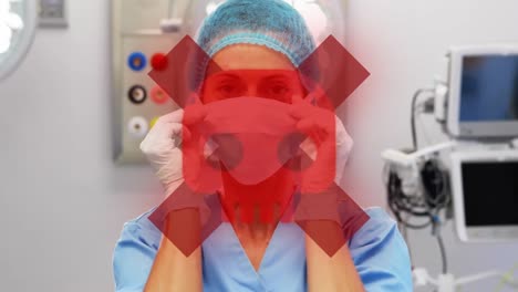 Animation-of-warning-sings-over-surgeon-in-face-mask