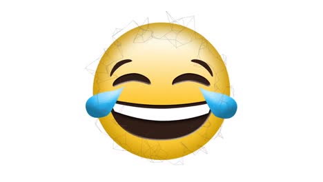 Digital-animation-of-abstract-geometric-shapes-floating-over-laughing-face-emoji-on-white-background