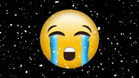 Digital-animation-of-confetti-falling-over-crying-face-emoji-on-black-background