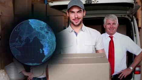 Animation-of-globe-of-connections-over-delivery-man-with-cardboard-box