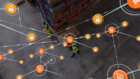 Animation-of-network-of-connections-over-people-working-in-warehouse