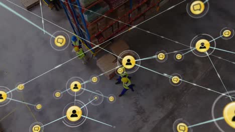 Animation-of-network-of-connections-over-people-working-in-warehouse