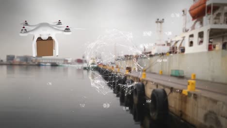 Animation-of-network-of-connections-over-drone-with-parcel-over-harbor