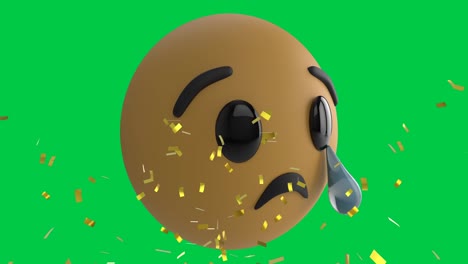 Animation-of-sad-emoji-over-gold-confetti-falling