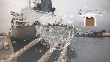 Animation-of-network-of-connections-over-drone-with-parcel-over-shipyard