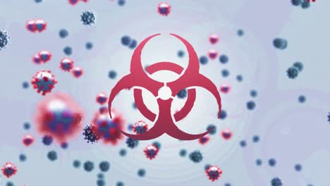 Animation-of-of-macro-covid-19-cells-and-biological-hazard-icon-over-bright-background