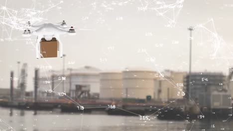 Animation-Des-Verbindungsnetzes-über-Drohne-Mit-Paket-über-Hafen