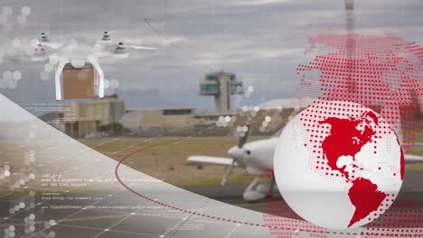 Animation-Des-Verbindungsnetzes-über-Drohne-Mit-Paket-über-Dem-Flughafenvorfeld