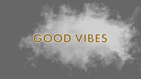 Animation-of-good-vibes-text-in-brown-letters-over-smoke-on-black-background
