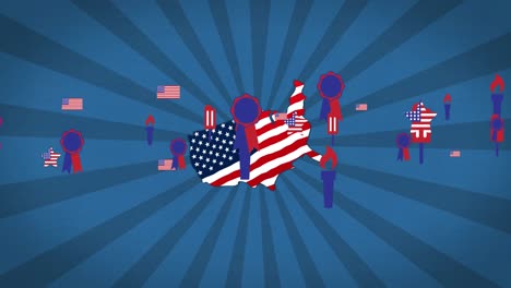 Animation-Von-Symbolen-Und-Einer-USA-Karte-Mit-Amerikanischer-Flagge-Auf-Blauem-Hintergrund
