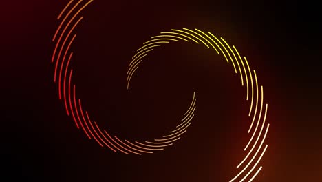 Animation-of-yellow-and-red-spiral-lines-rotating-on-black-background