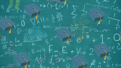 Animation-of-graduation-caps-icons-over-mathematical-equations