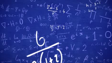 Animation-of-mathematical-equations-moving-on-blue-background