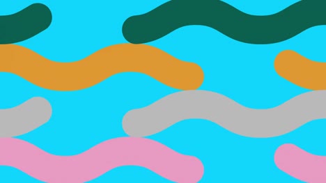 Animation-Welliger-Grüner,-Brauner,-Grauer-Und-Rosafarbener-Linien,-Die-Sich-über-Einen-Blauen-Hintergrund-Bewegen