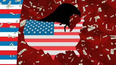 Animation-Der-USA-Karte-Mit-Amerikanischer-Flagge-über-Banknoten-Auf-Sternenbanner-Hintergrund