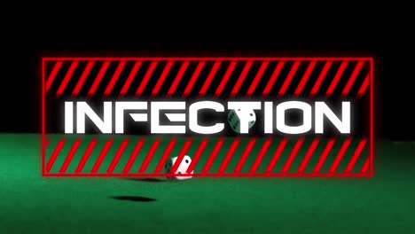 Animation-of-covid-19-infection-text-over-two-dice-on-green-background