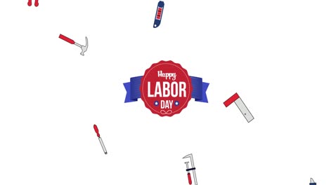 Animation-Des-Textes-„Happy-Labor-Day“-über-Werkzeugen-Auf-Weißem-Hintergrund