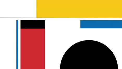 Animación-De-Formas-Geométricas-Negras,-Amarillas,-Azules-Y-Rojas-Sobre-Blanco
