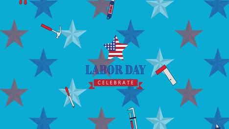 Animation-Des-Labor-Day-Feiert-Text-über-Werkzeugen-Und-Sternen-Der-Amerikanischen-Flagge