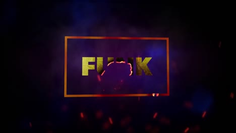 Animation-of-white-text-funk,-in-gold-frame,-with-red-sparks-on-black-background