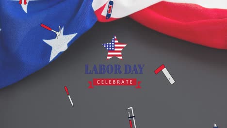Animation-Des-Labor-Day-Feiert-Text-über-Werkzeugen-Und-Amerikanischer-Flagge